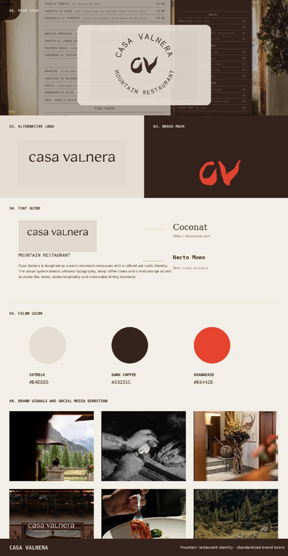 Système d'identité Casa Valnera avec logos, typographies, couleurs et direction visuelle