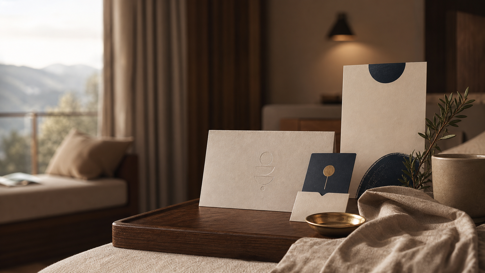 Matériels invités dans un hôtel boutique chaleureux avec papeterie premium et détails hospitality