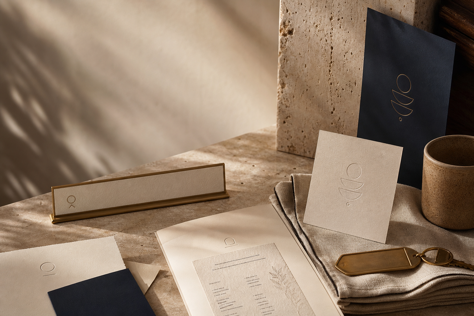 Papeterie hospitality premium, cartes de menu et mockups de signalétique sur pierre chaude texturée