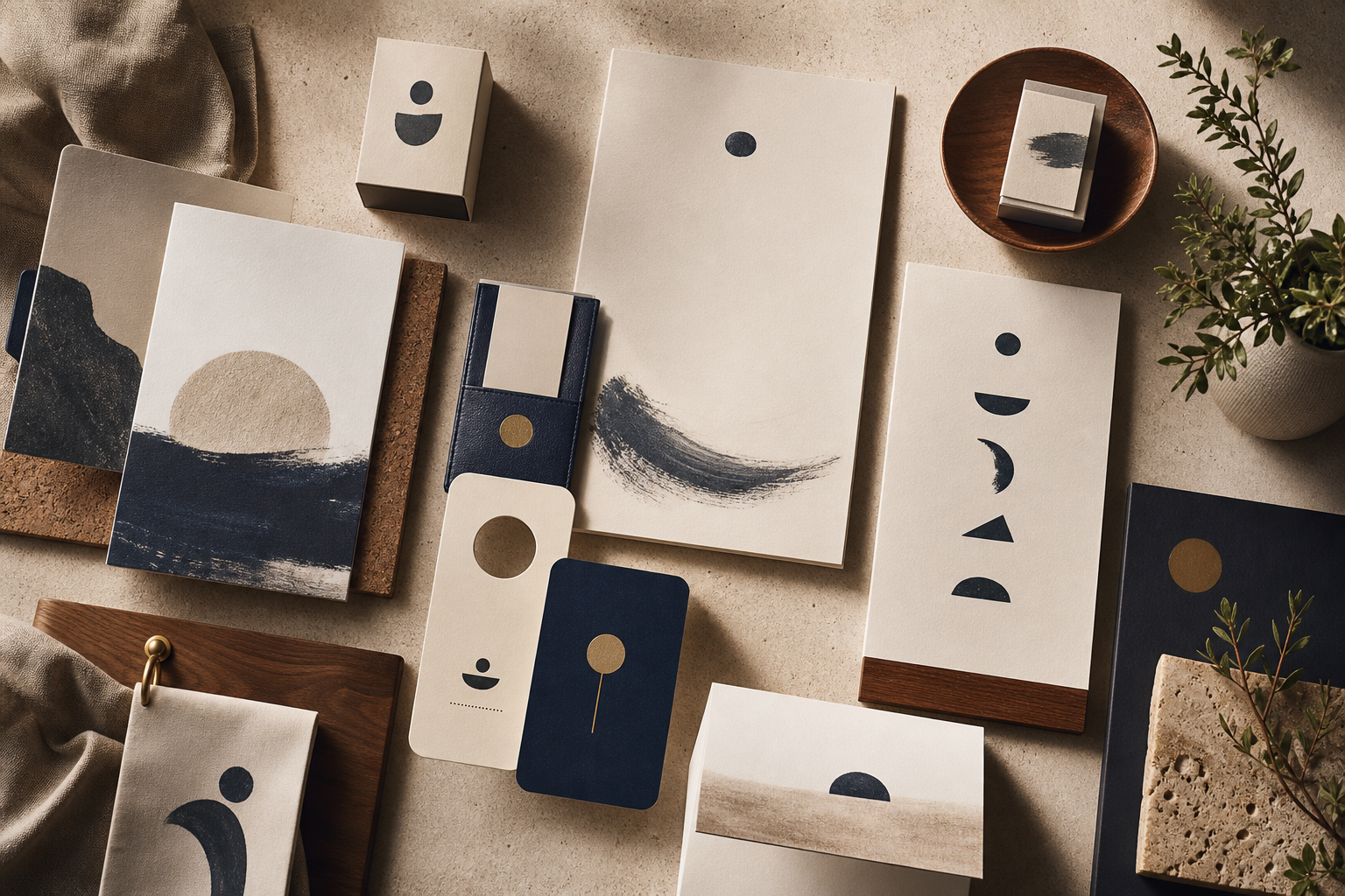 Flat lay éditorial de matériels d'identité pour hôtel boutique, menus et packaging