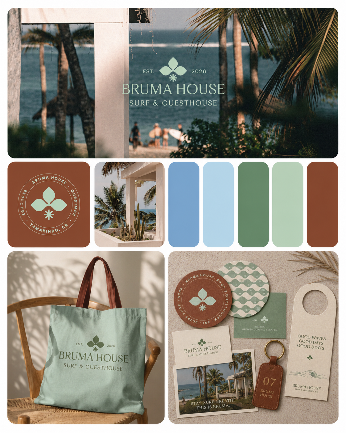 Identité visuelle fictive Bruma House, surf et guesthouse
