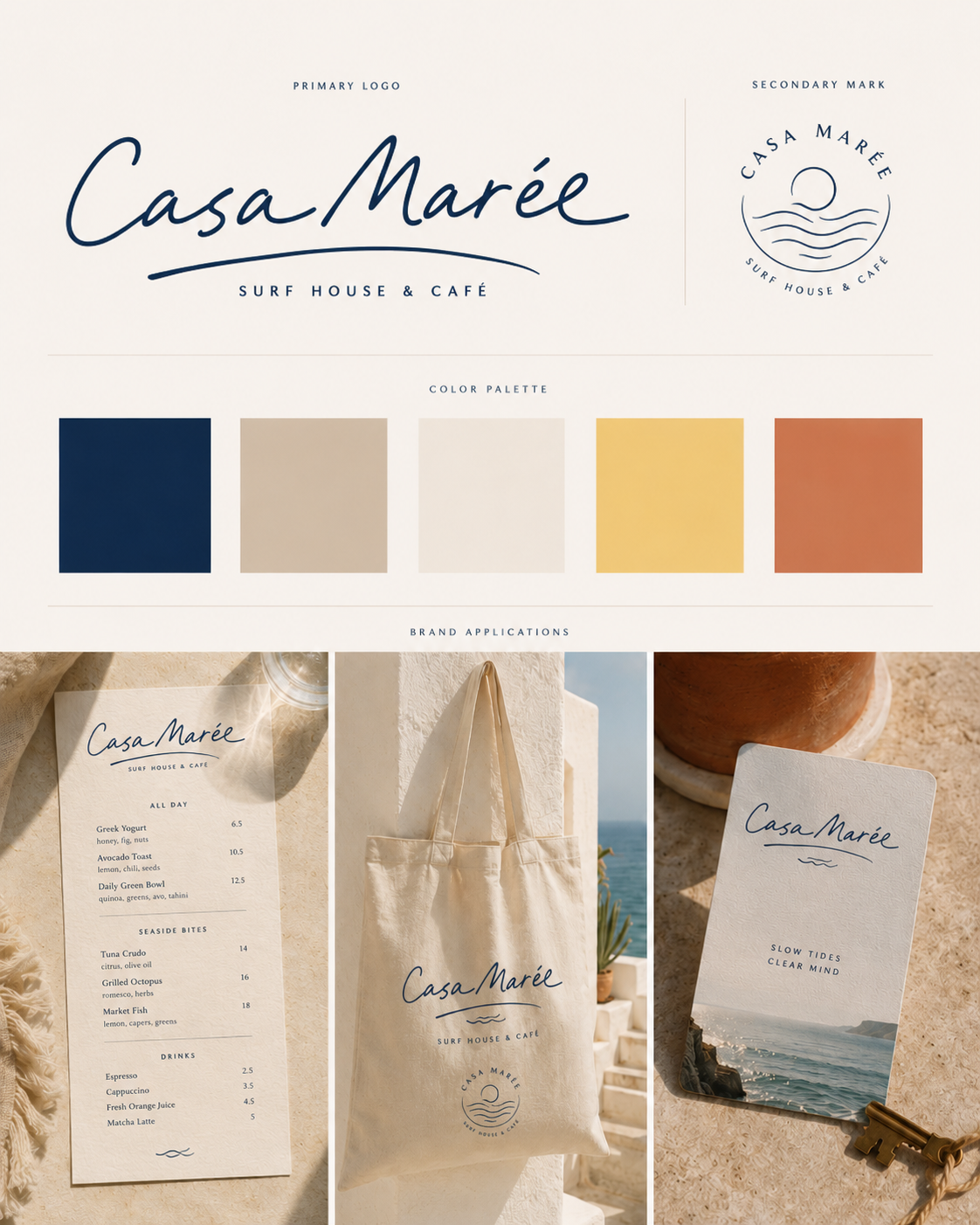 Identité visuelle fictive Casa Marée, surf house et café
