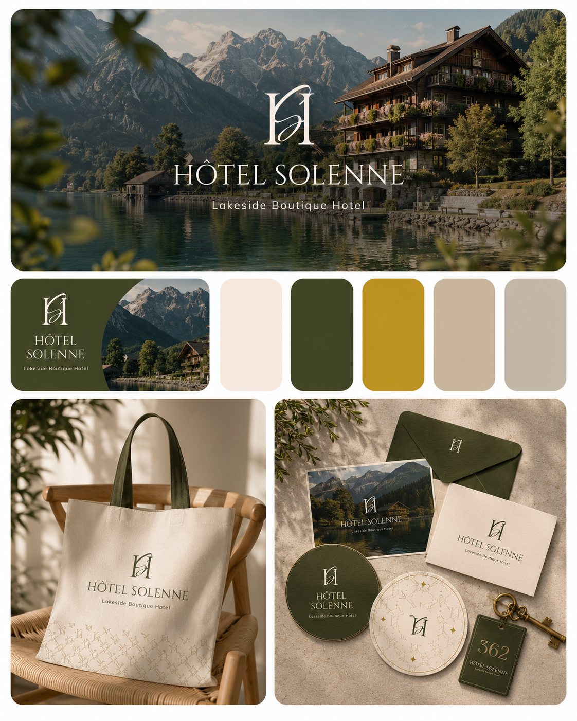 Identité visuelle fictive Hôtel Solenne, boutique hôtel au bord du lac