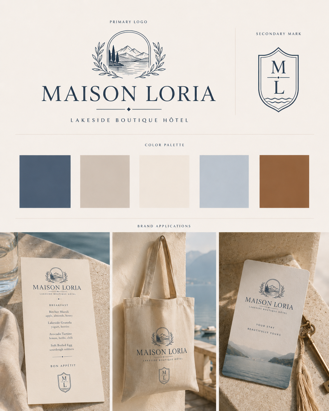 Identité visuelle fictive Maison Loria, boutique hôtel au bord du lac