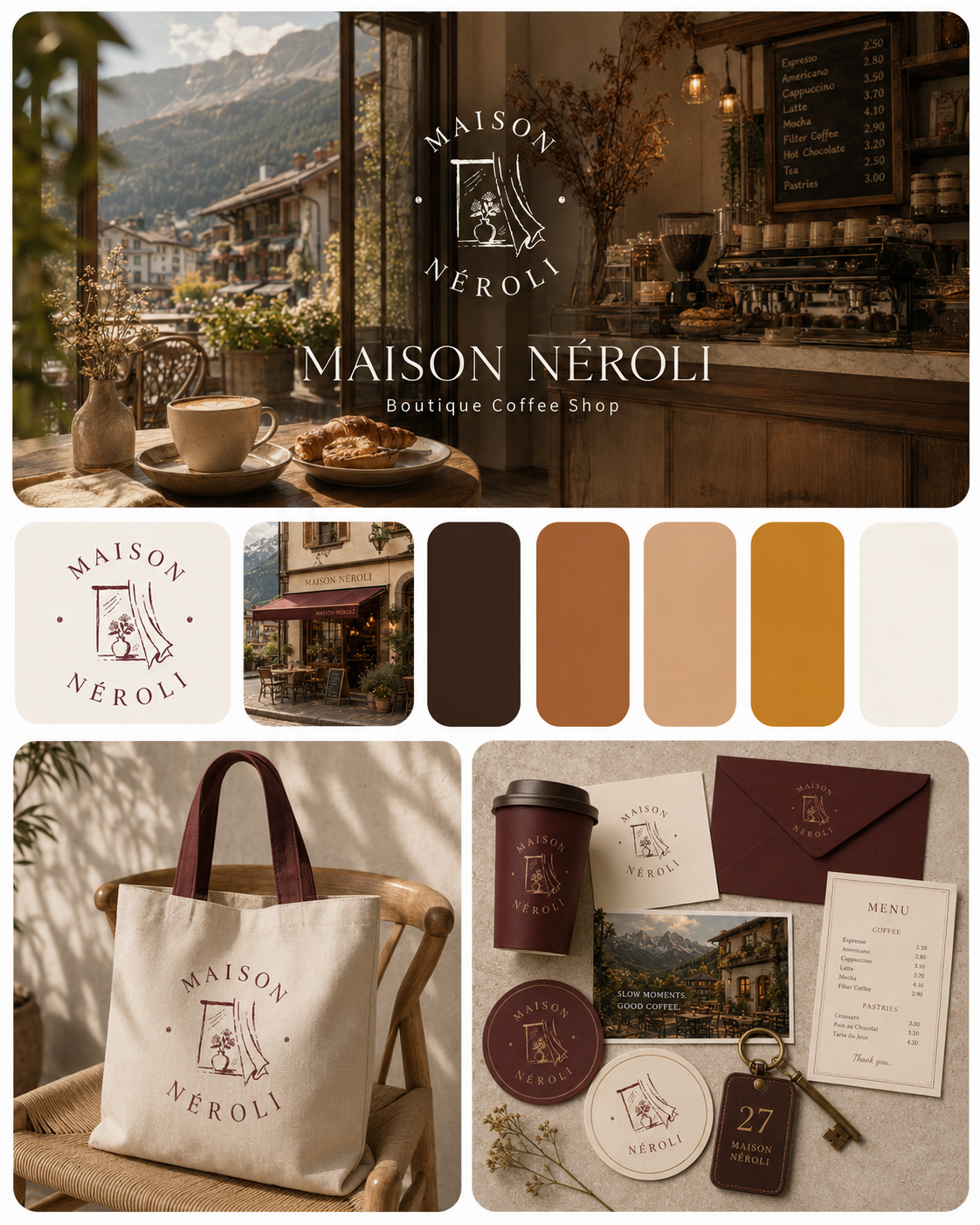 Identité visuelle fictive Maison Néroli, boutique coffee shop alpin
