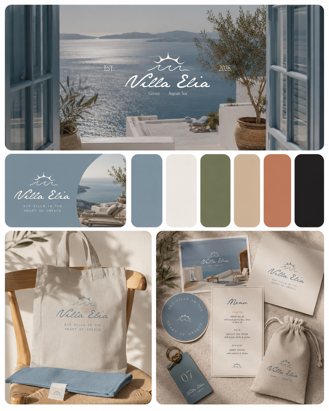 Identité visuelle fictive Villa Elia, éco villa en Grèce